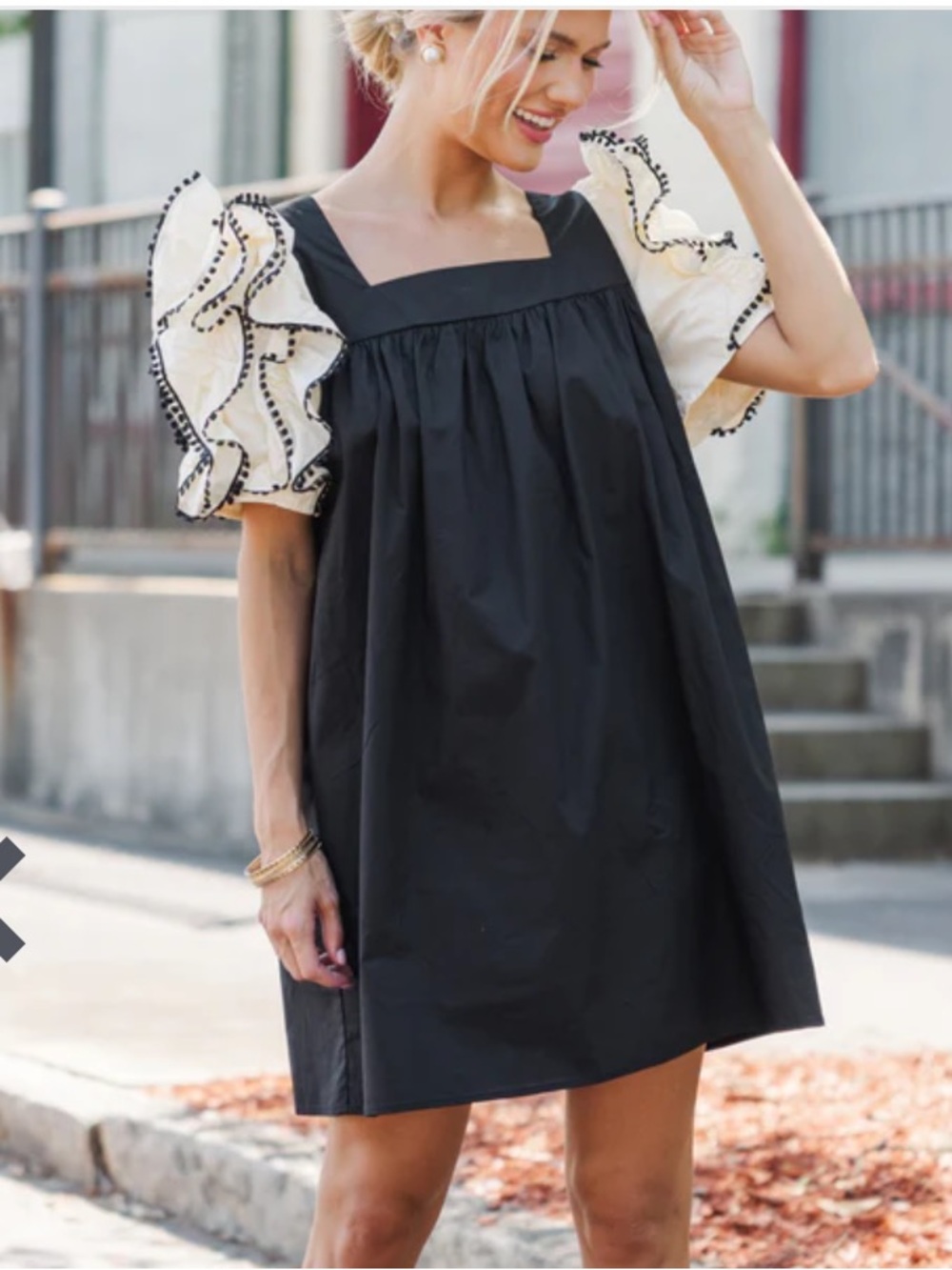 Black Mini Dress with White Puff Embroidered Sleeves